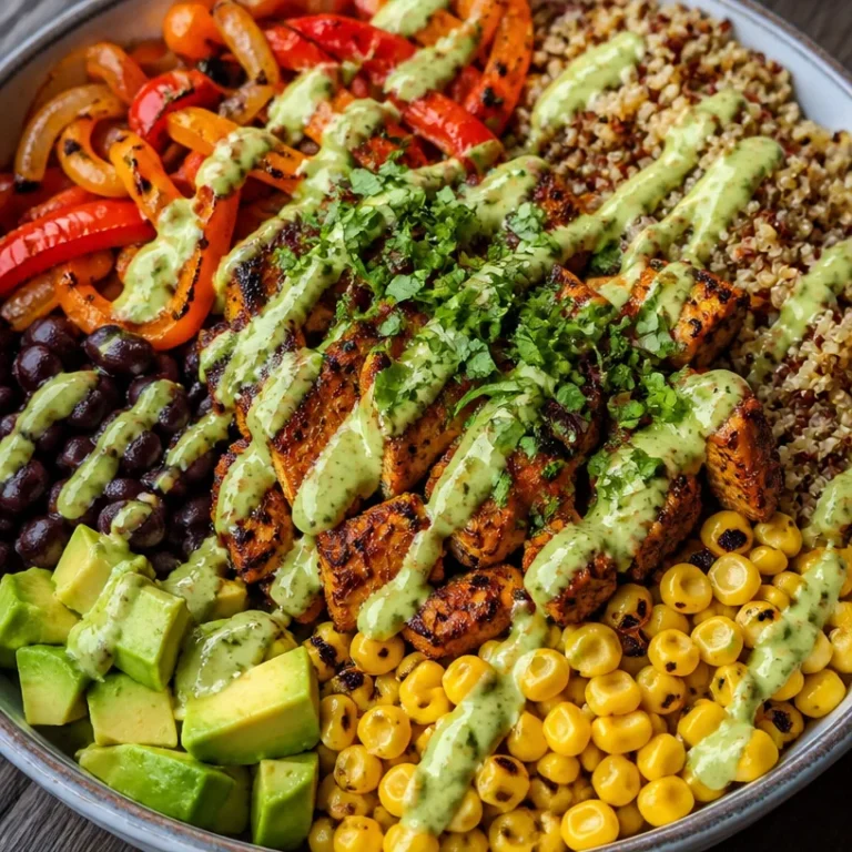 Vibrant vegan fajita bowl with quinoa, roasted peppers, and fresh veggies