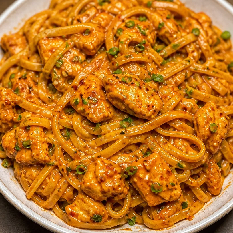 Plate of 1-Pot Gochujang Pasta garnished with herbs and chili flakes