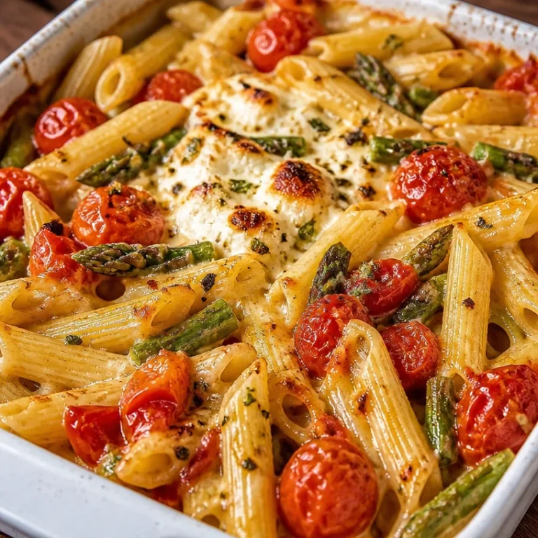 Baked feta pasta featuring creamy feta and fresh tomatoes in a baking dish