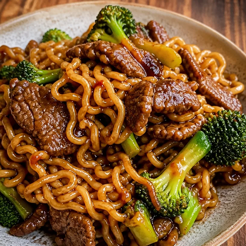 Delicious Beef and Broccoli Ramen with tender beef, fresh broccoli, and savory noodles.