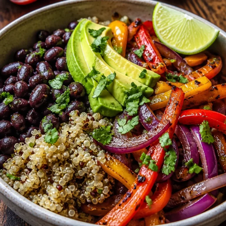 Colorful Black Bean Quinoa Fajita Bowls with fresh veggies and spices