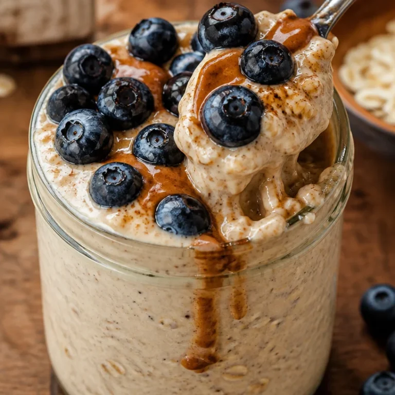 Blended overnight oats in a jar topped with fresh fruits and nuts