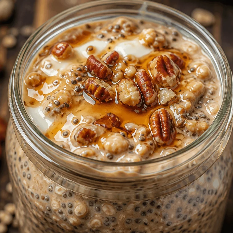 Bowl of brown sugar overnight oats topped with fruits and nuts