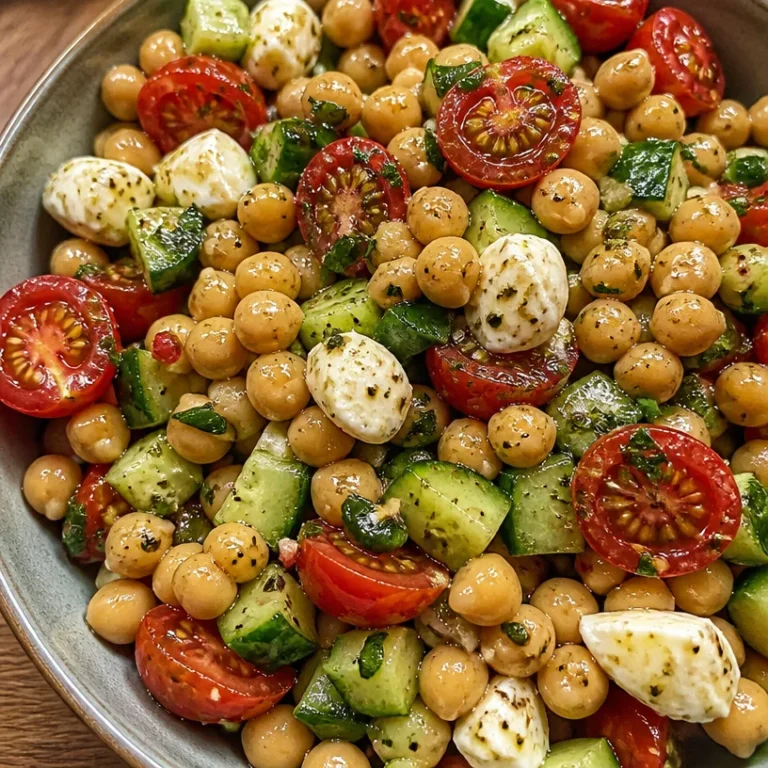 Delicious Caprese Chickpea Salad featuring tomatoes, mozzarella, and fresh basil