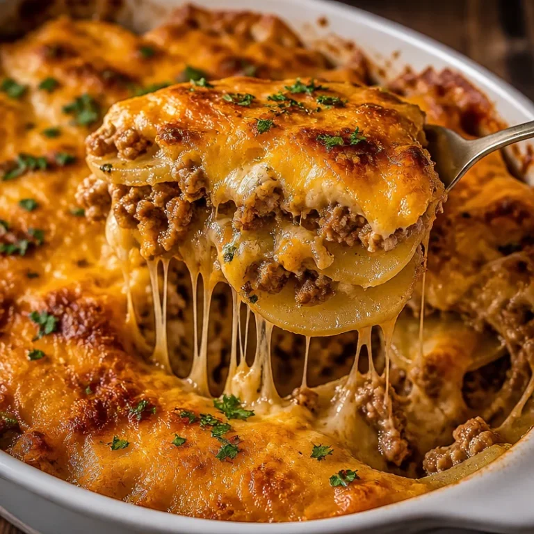 Cheesy Hamburger Potato Casserole in a baking dish, garnished with herbs