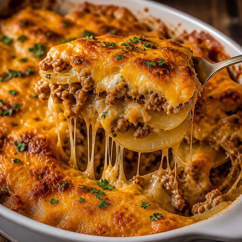 Cheesy Hamburger Potato Casserole in a baking dish, garnished with herbs