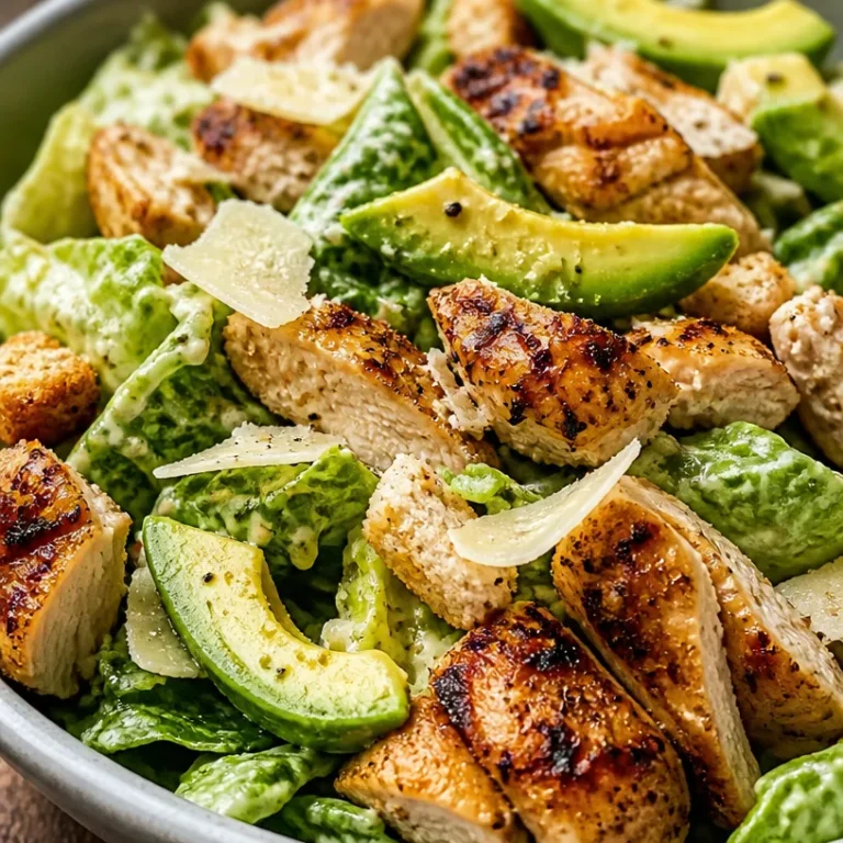 Healthy Chicken and Avocado Caesar Salad topped with crunchy croutons and dressing