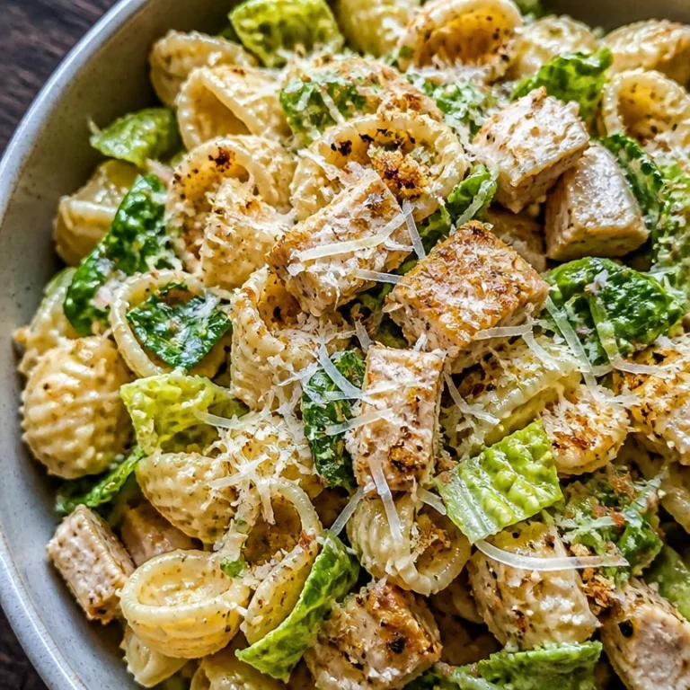 Delicious Chicken Caesar Pasta Salad with grilled chicken, romaine, and Caesar dressing.