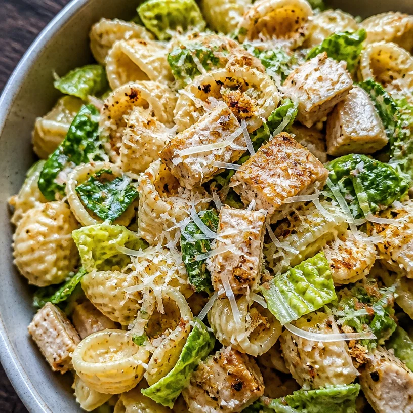 Delicious Chicken Caesar Pasta Salad with grilled chicken, romaine, and Caesar dressing.