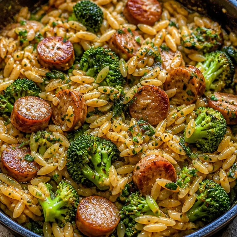 Chicken sausage broccoli orzo skillet in a pan with fresh ingredients