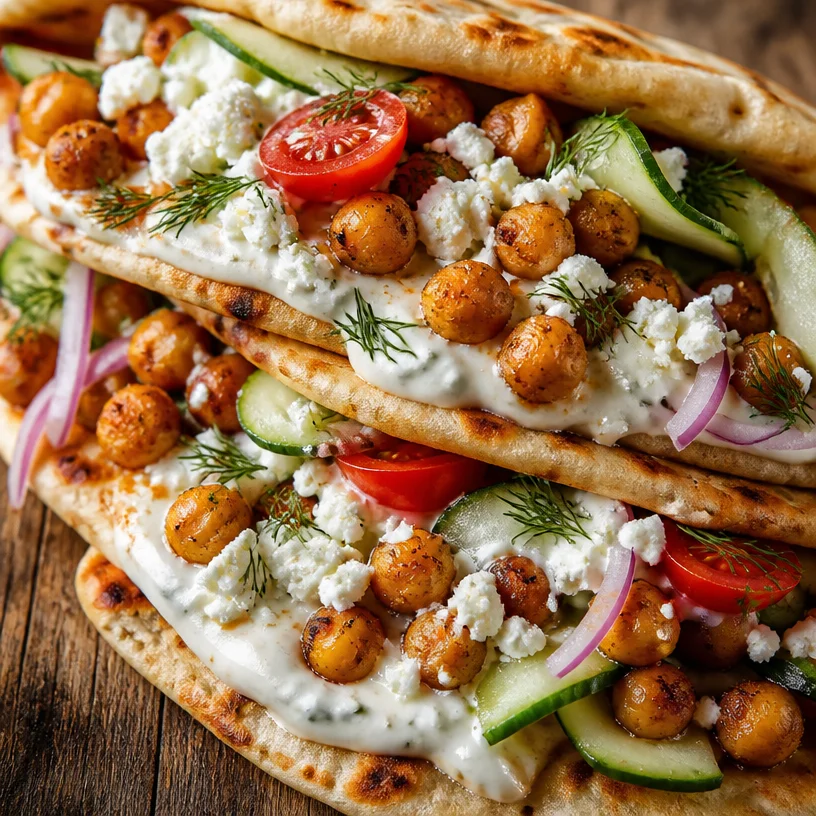 Chickpea Gyros filled with spiced chickpeas, fresh vegetables, and tahini sauce.