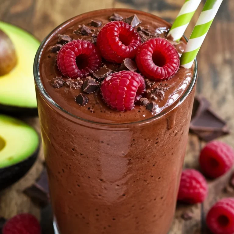Chocolate raspberry smoothie with avocado in a glass, topped with fresh raspberries