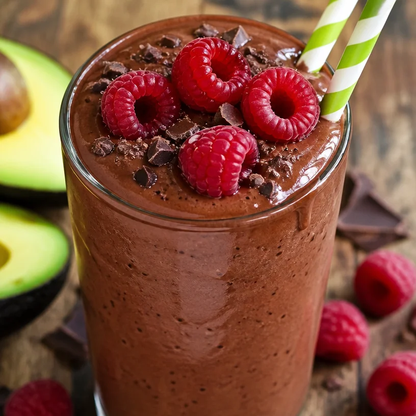 Chocolate raspberry smoothie with avocado in a glass, topped with fresh raspberries