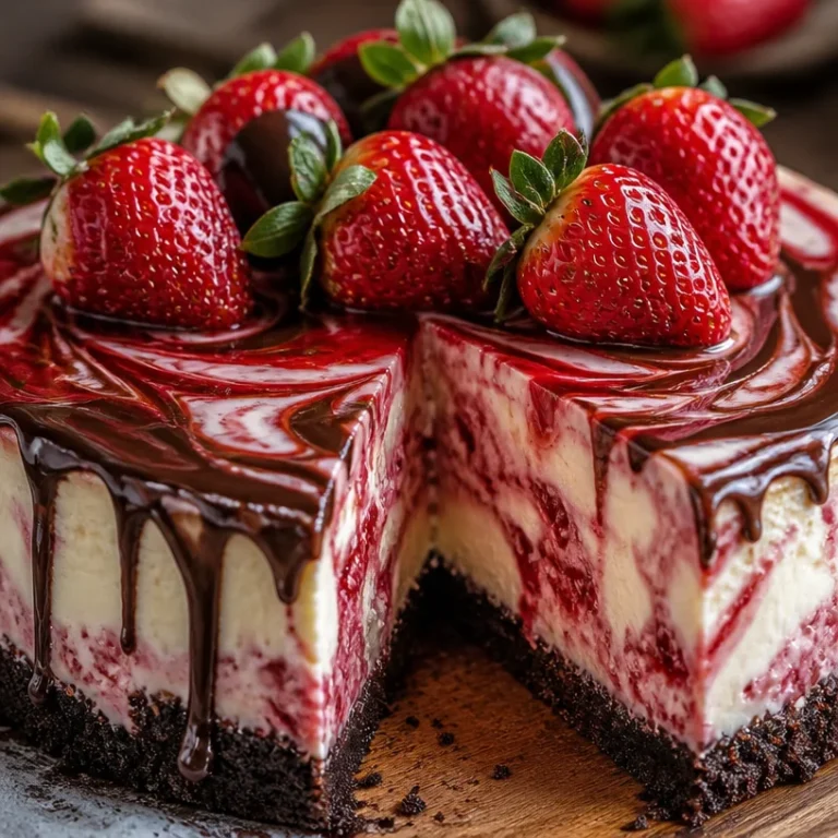 Delicious chocolate strawberry swirl cheesecake topped with fresh strawberries