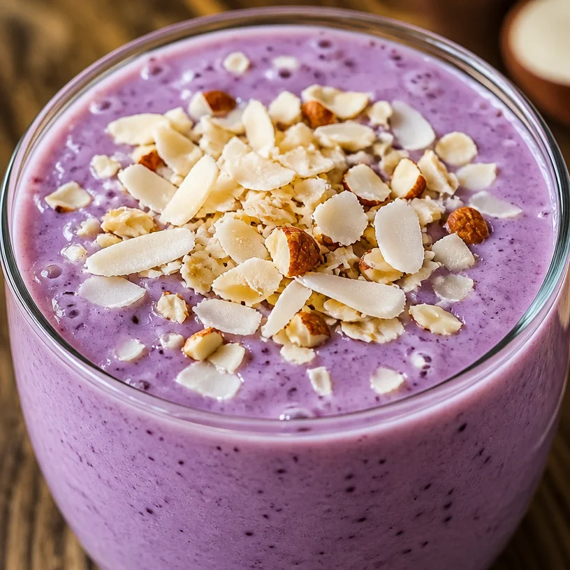 Healthy cottage cheese smoothie in a glass with fruits and garnish