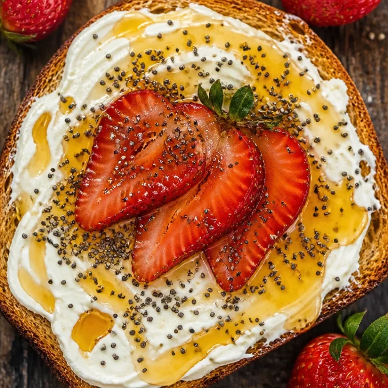 Cream cheese toast topped with strawberries and sprinkled with chia seeds.
