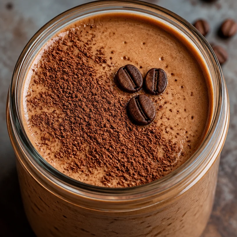 Creamy coffee smoothie served in a glass with coffee beans and straw