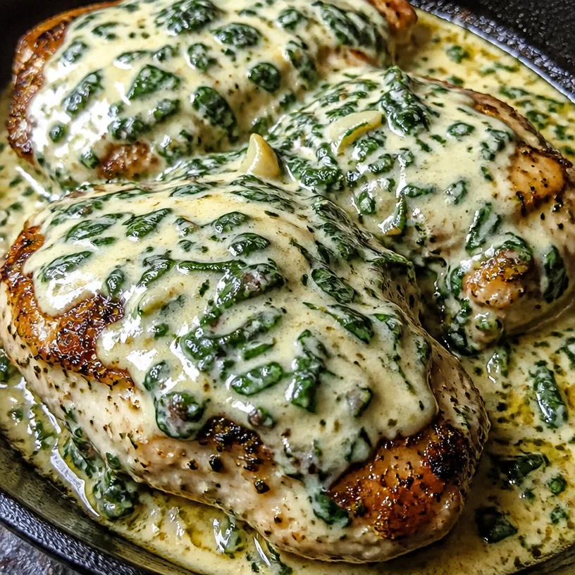 Creamy Garlic Spinach Chicken Thighs served on a plate
