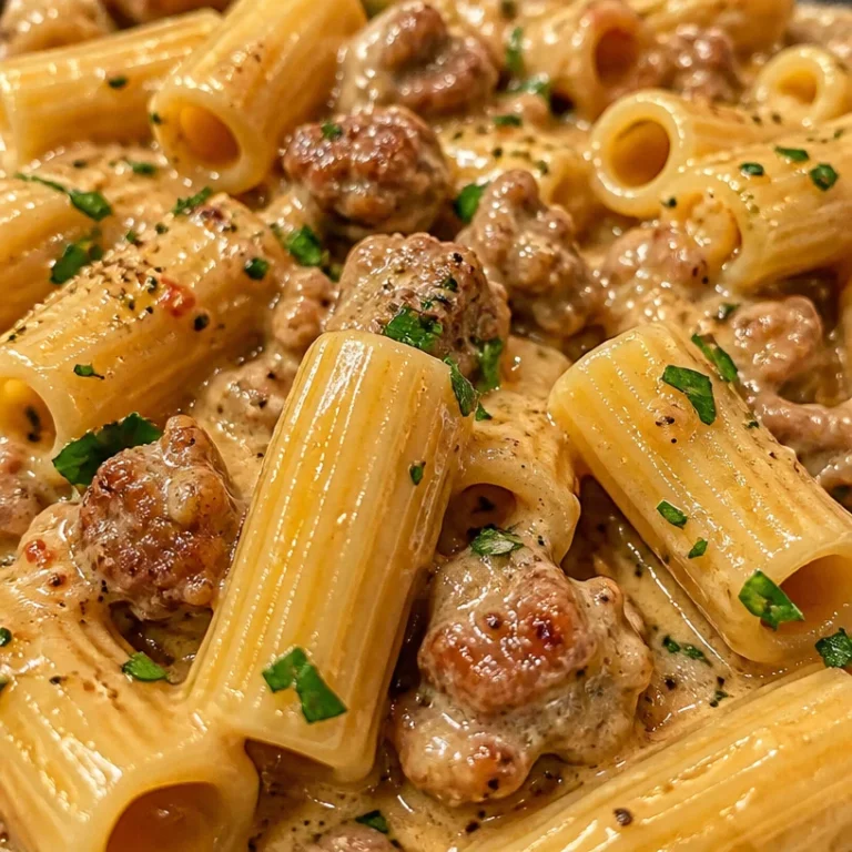 Creamy Italian sausage rigatoni served in a bowl