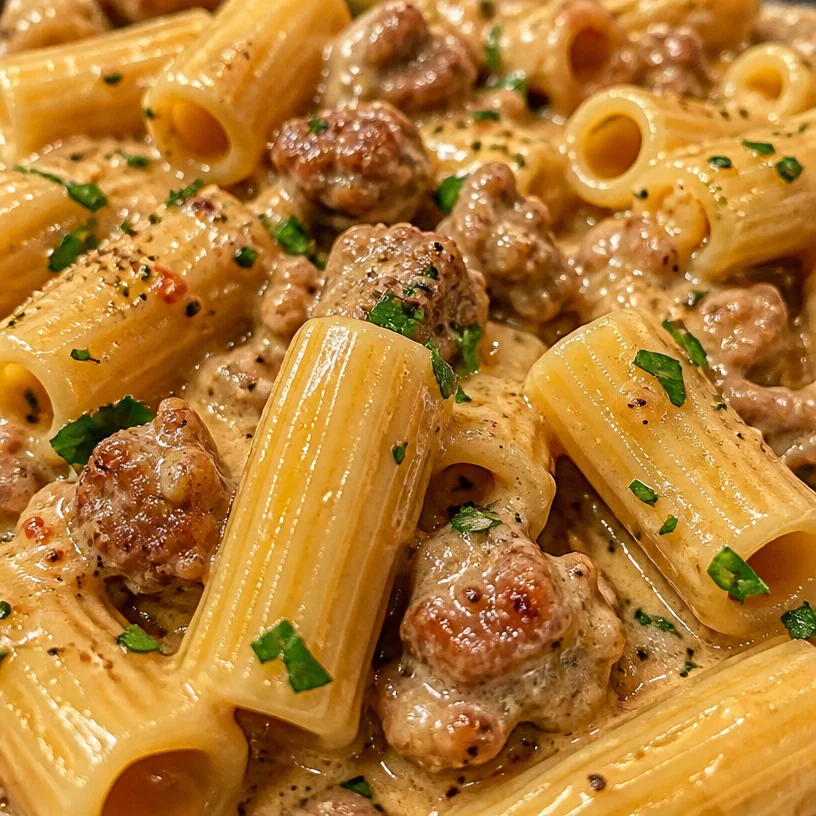Creamy Italian sausage rigatoni served in a bowl
