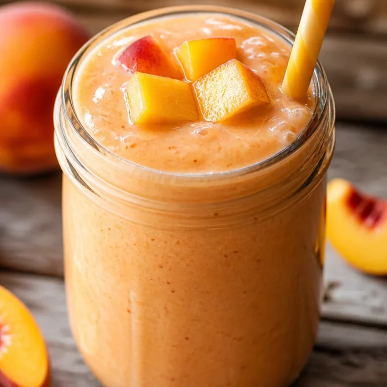 Delicious creamy peach smoothie in a glass with fresh peaches.
