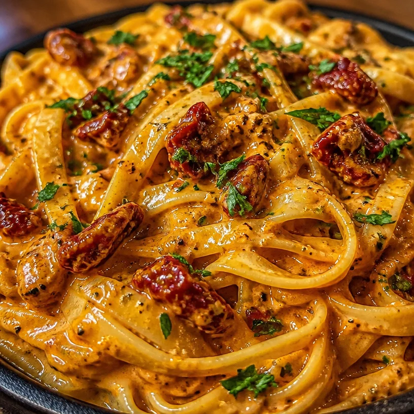 Delicious creamy sun dried tomato pasta served in a bowl
