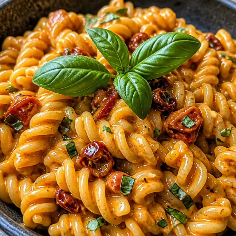 Creamy vegan sun-dried tomato pasta in a bowl garnished with herbs