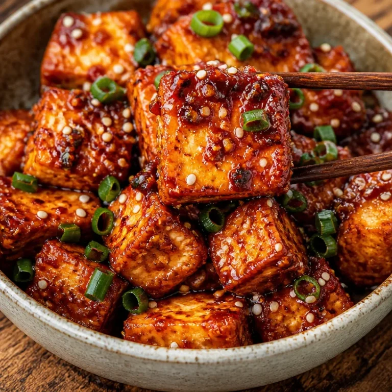 Plate of crispy gochujang tofu garnished with green onions and sesame seeds