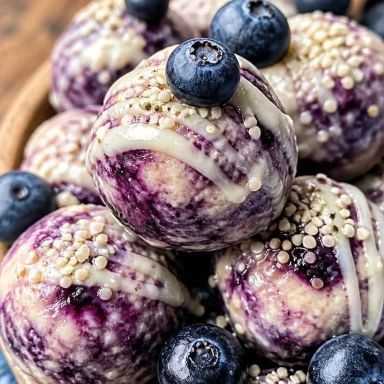 Easy blueberry cheesecake protein bites on a plate, a healthy snack option.