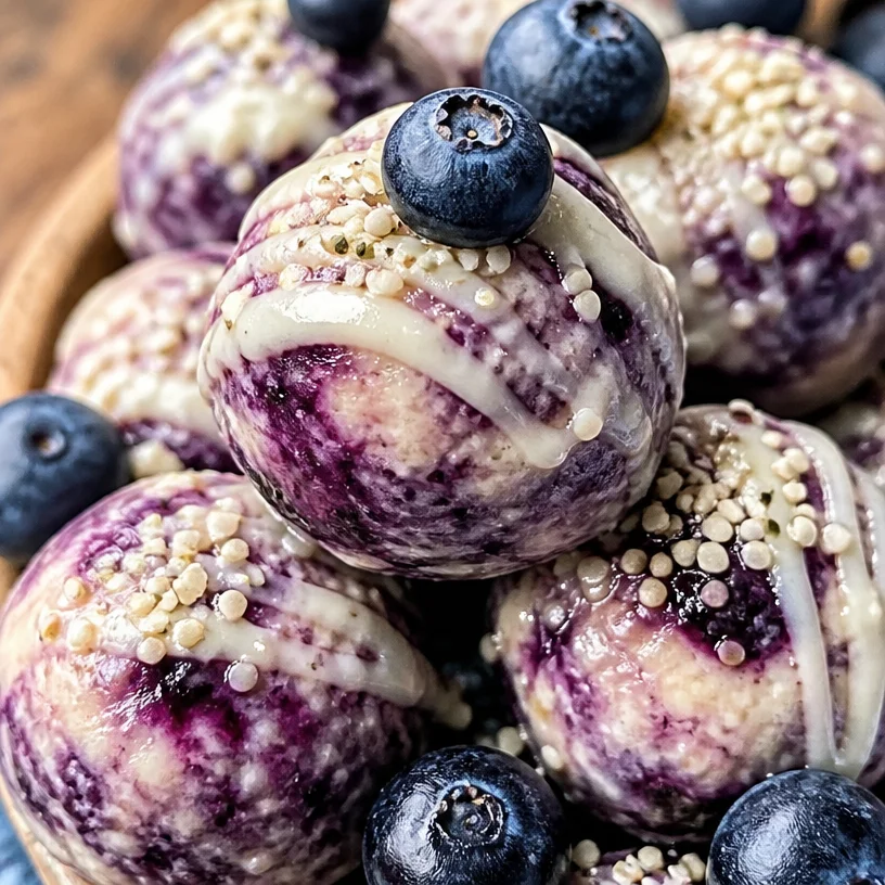 Easy blueberry cheesecake protein bites on a plate, a healthy snack option.