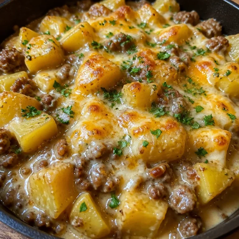 Delicious creamy meat potato skillet served in a skillet dish