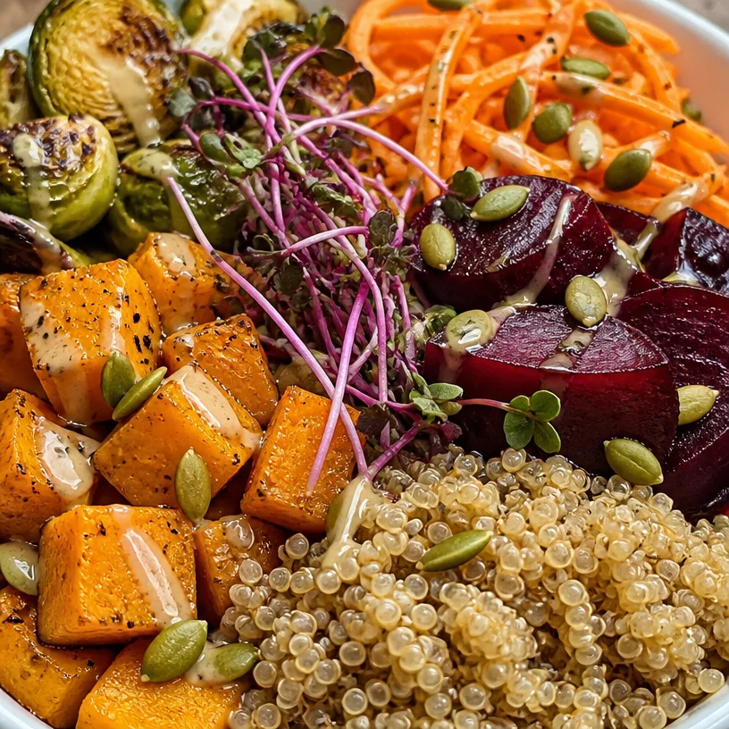 Fall Buddha Bowl with Quinoa topped with seasonal vegetables and dressing