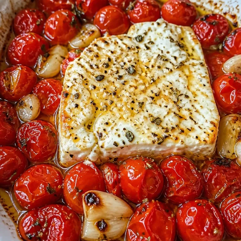 Baked feta pasta with cherry tomatoes and herbs on a white plate.