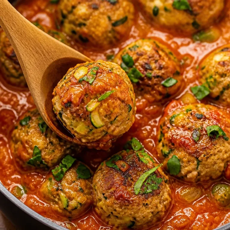 Oven baked turkey zucchini meatballs served on a plate, garnished with herbs.