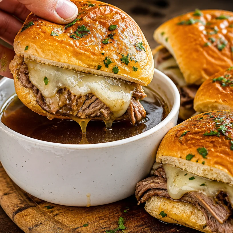 Delicious French Dip Sliders with beef and cheese served with au jus.