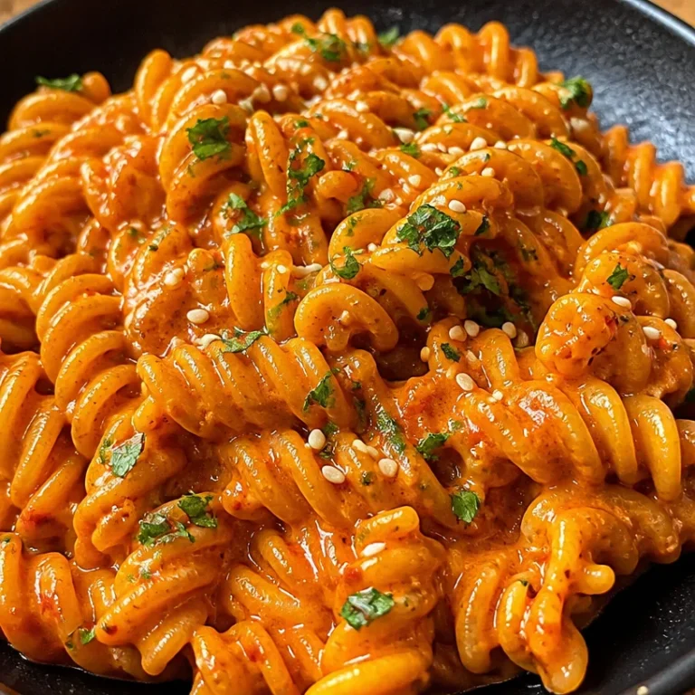 Delicious bowl of Gochujang Pasta garnished with vegetables