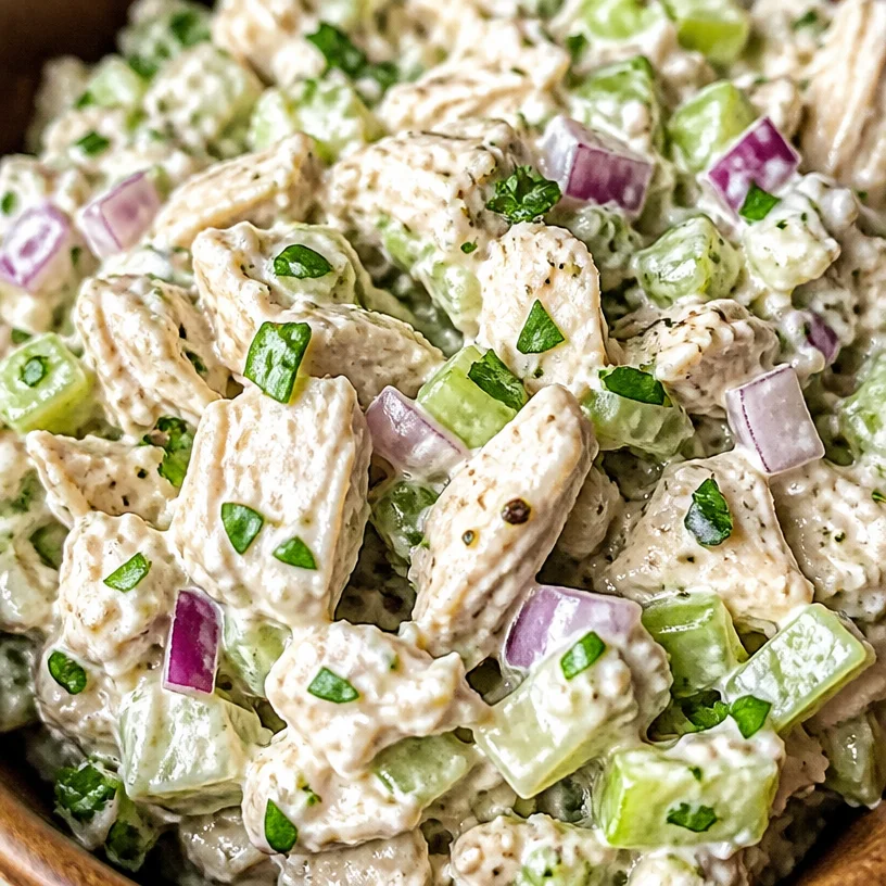 Healthy chicken salad served in a bowl with fresh ingredients