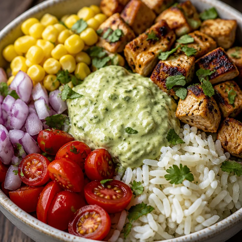 Healthy chicken taco bowl with colorful vegetables and toppings