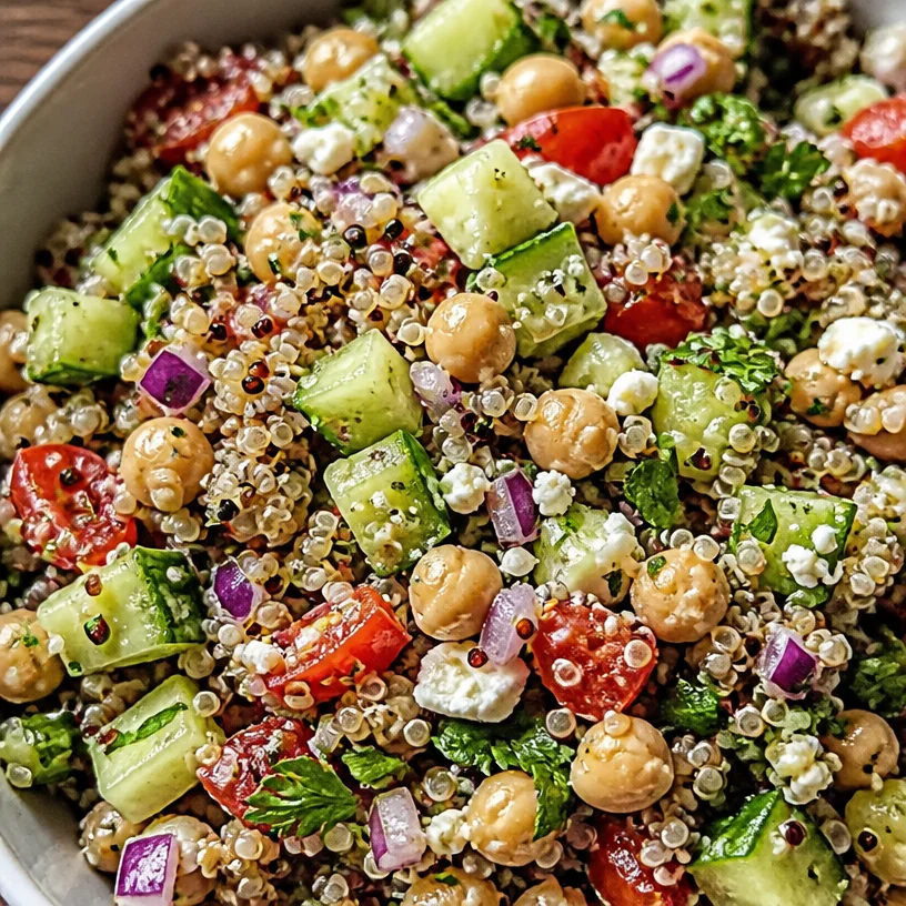 Healthy Mediterranean Quinoa Salad with fresh vegetables and vibrant dressing