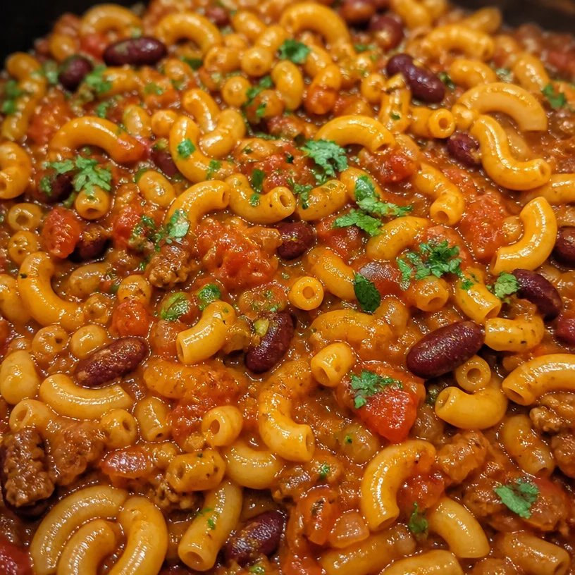 A bowl of hearty vegetarian chili mac topped with cheese and herbs.