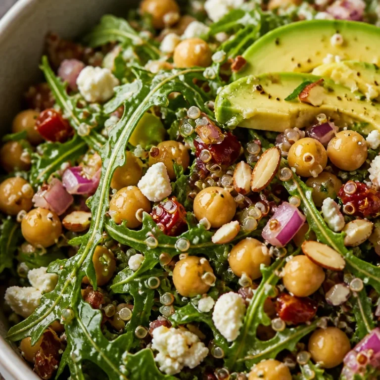 High protein chickpea salad with arugula and quinoa, rich in nutrients.