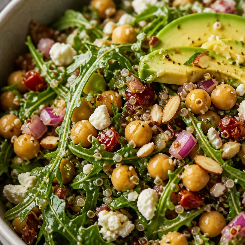 High protein chickpea salad with arugula and quinoa, rich in nutrients.
