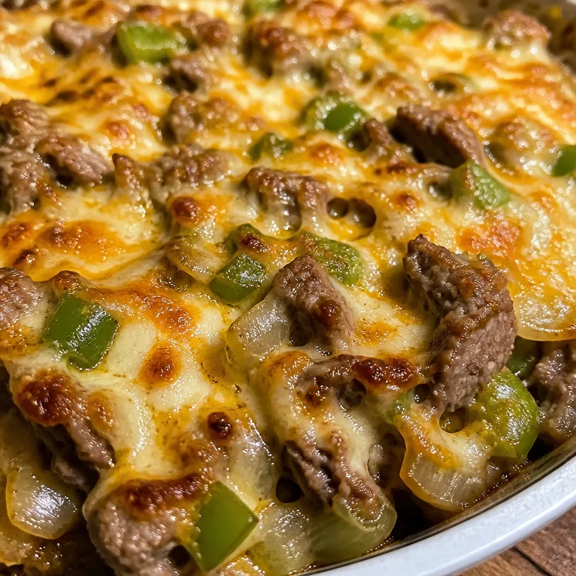 High Protein Low Carb Philly Cheesesteak Casserole in a baking dish