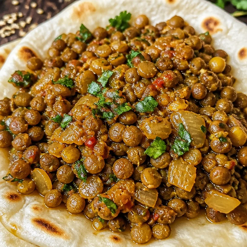 High-protein vegan lentil wrap filled with fresh vegetables and spices.