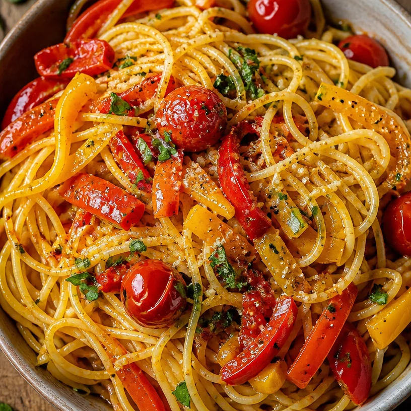 Colorful Italian Bell Pepper Pasta served in a bowl with fresh herbs