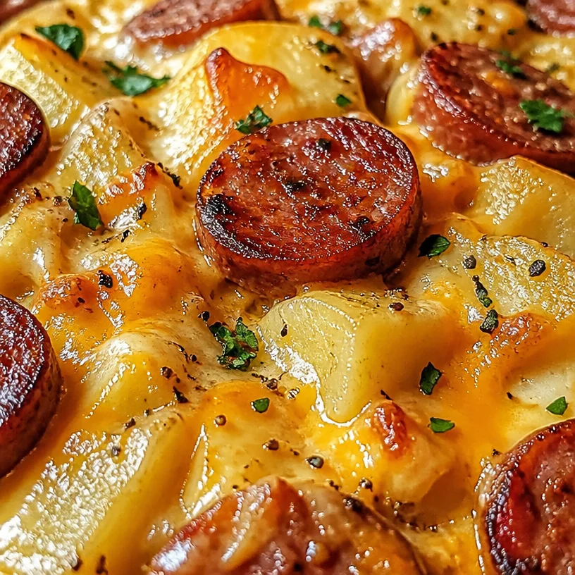 Delicious Kielbasa sausage cheesy potato casserole in a baking dish