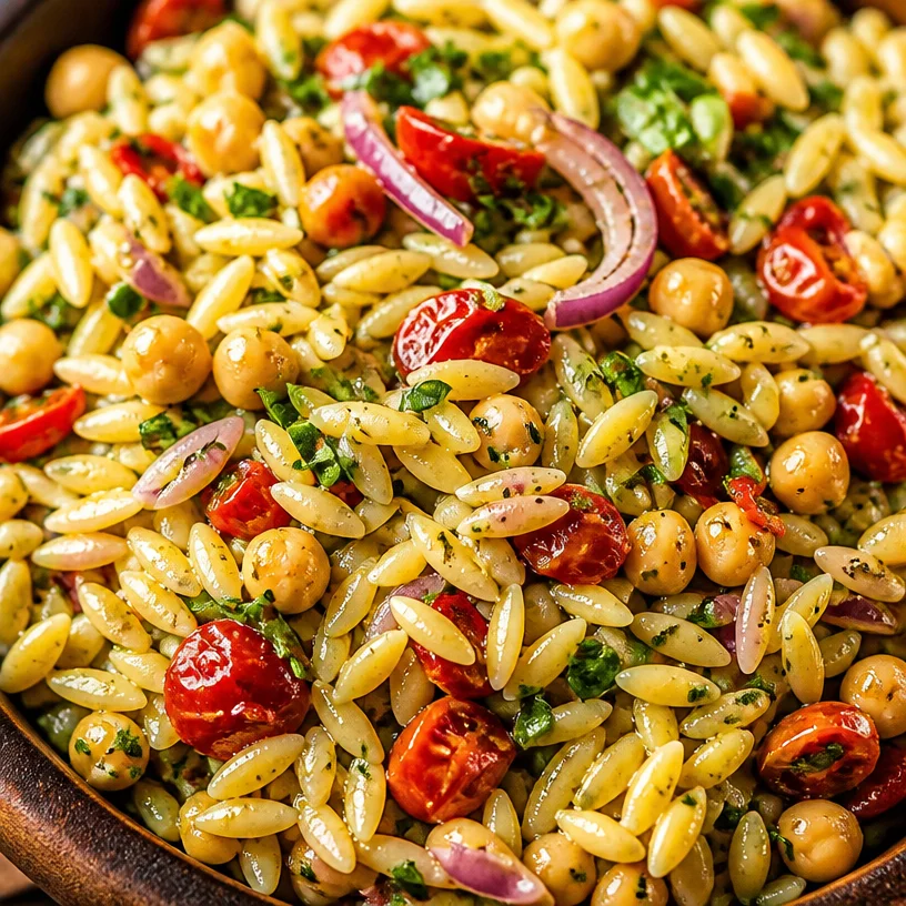 Delicious Lemon Orzo Pasta Salad served in a bowl with fresh vegetables.