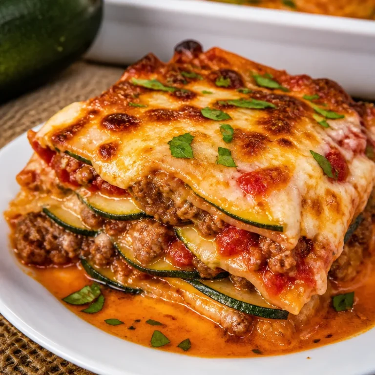 Low carb grain-free zucchini lasagna served on a plate with fresh herbs