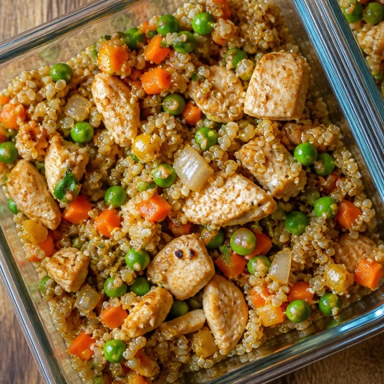 Meal Prep Chicken Quinoa Fried Rice Bowls with fresh vegetables and chicken