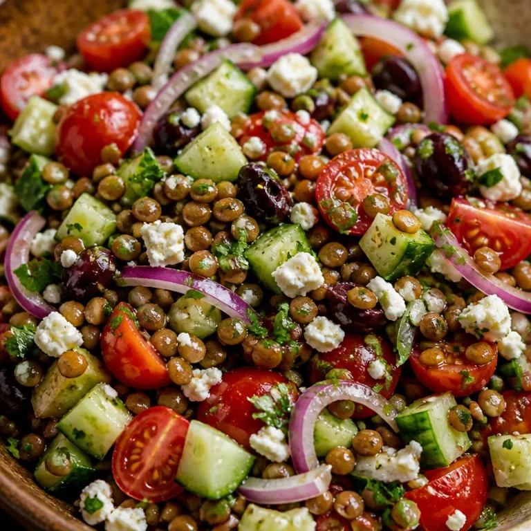 Colorful Mediterranean Lentil Salad with fresh vegetables and herbs